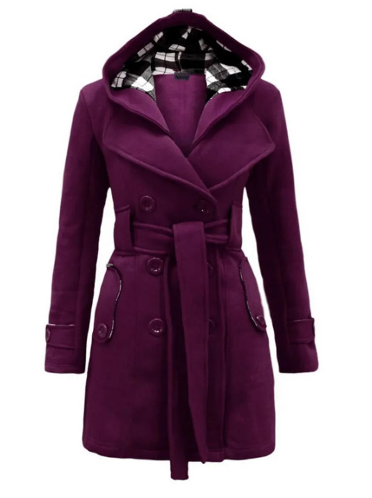Women's Vintage Slim Woolen Coat with Belt - Double Breasted Winter Jacket