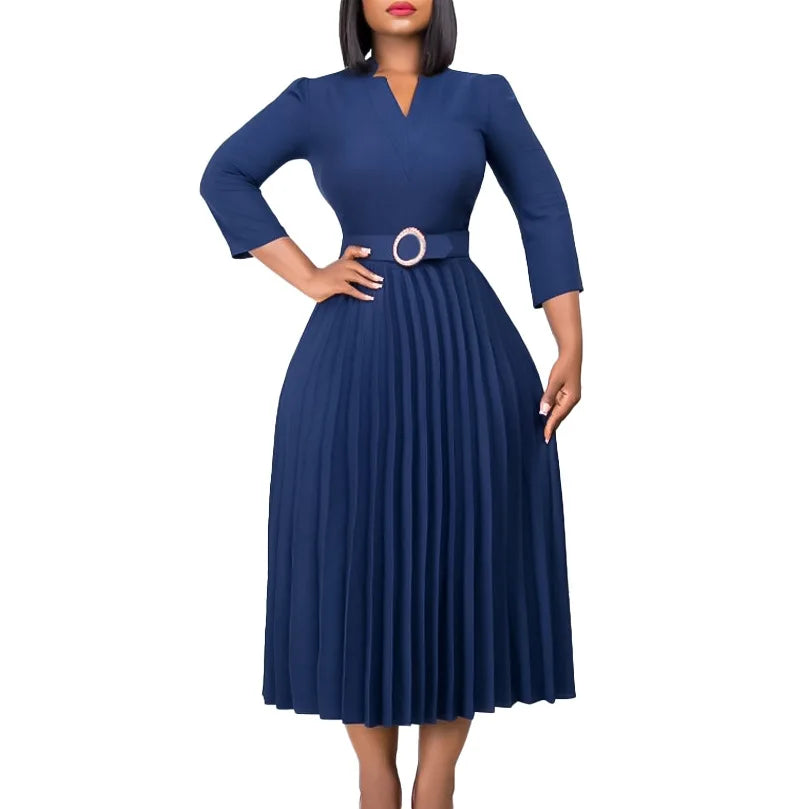Elegant Fall Midi Dress - Women's V-Neck Pleated Office Dress