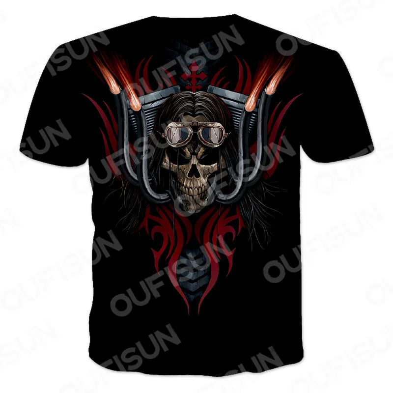Men's Motorcycle Skull Print T-Shirt - Punk Streetwear Tee (6XL)