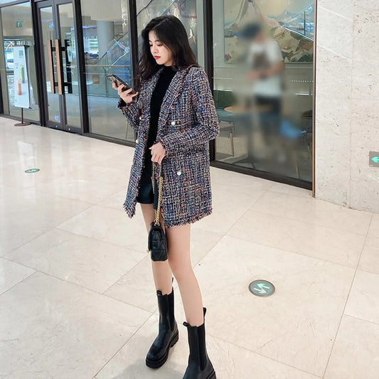 Women's Plaid Tweed Jacket - Spring Autumn Mid-Length Fashion Coat