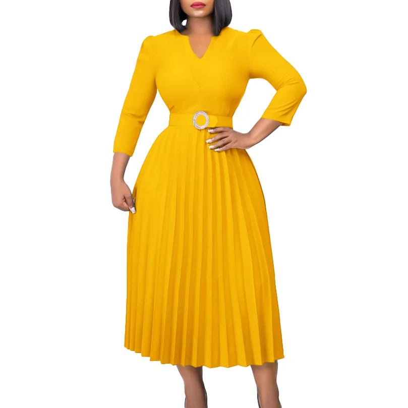 Elegant Fall Midi Dress - Women's V-Neck Pleated Office Dress