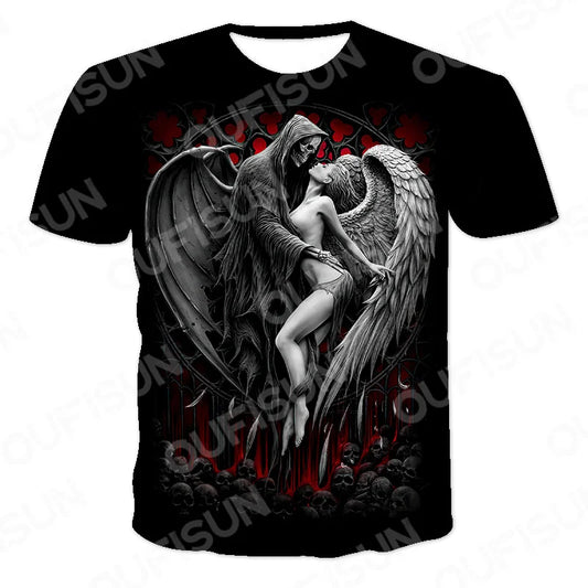 Men's Motorcycle Skull Print T-Shirt - Punk Streetwear Tee (6XL)