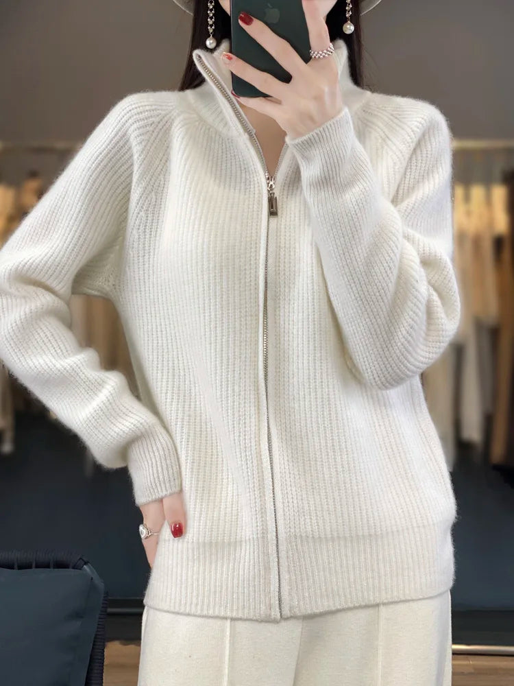 100% Merino Wool Knitting Sweater Turtleneck Zipper Cardigan Autumn/Winter cashmere jacket