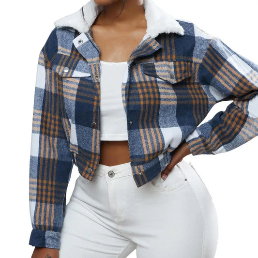 Women's Short Plaid Coat - Single-Breasted Fall Winter Jacket
