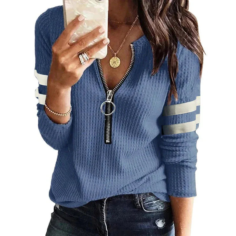 Women's Striped Zipper V-Neck Long Sleeve T-Shirt - Fashion Spliced Top