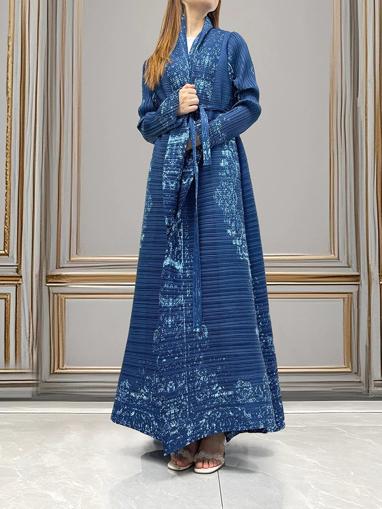 LANMREM Women's Blue Print Lapel Trench Coat - Lightweight Bandage Cardigan