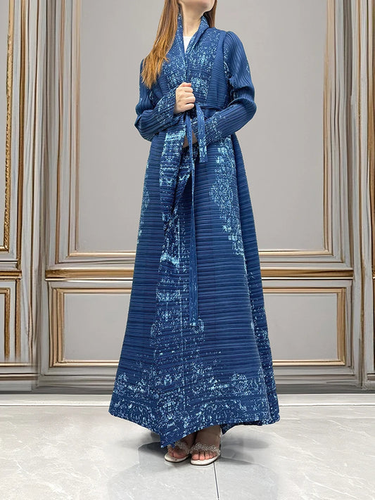 LANMREM Women's Blue Print Lapel Trench Coat - Lightweight Bandage Cardigan