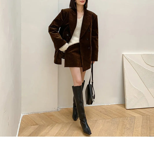 Women's Velvet Double-Breasted Coat - Deep Brown Western Blazer