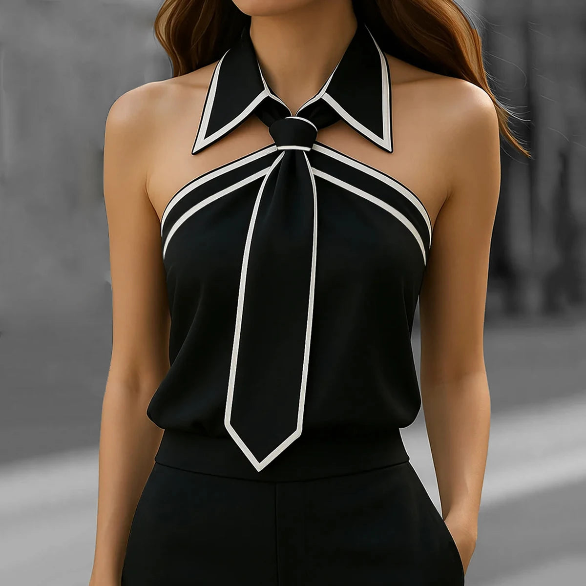 Women Shirt Tie Neck Strap Necktie Lapel Design Loose Long Sleeve Blouse