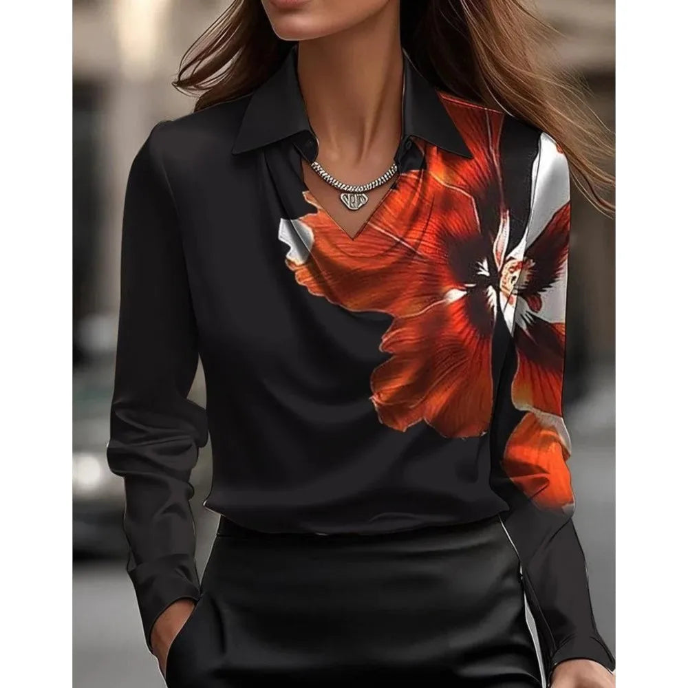Fashion Print Swing Collar Long Sleeve Women's shirt