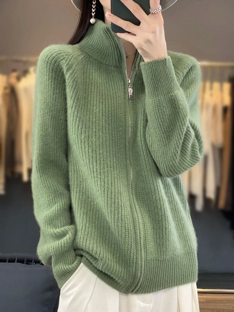 100% Merino Wool Knitting Sweater Turtleneck Zipper Cardigan Autumn/Winter cashmere jacket
