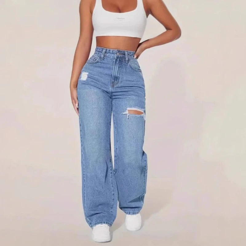 Women Denim Wide Long Leg High Waist Straight Trousers Y2k Streetwear