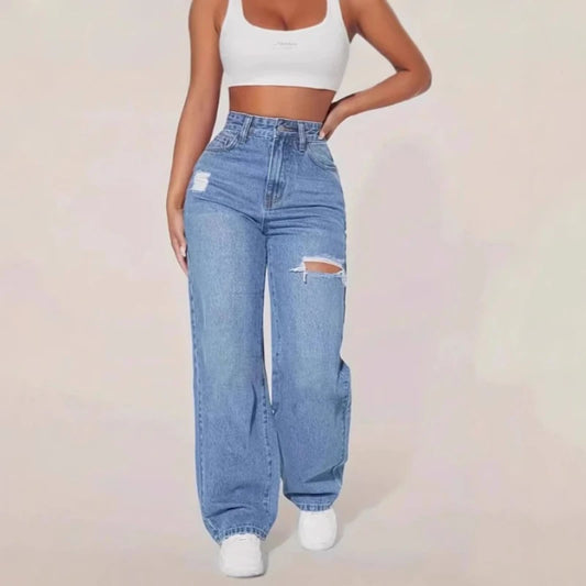 Women Denim Wide Long Leg High Waist Straight Trousers Y2k Streetwear