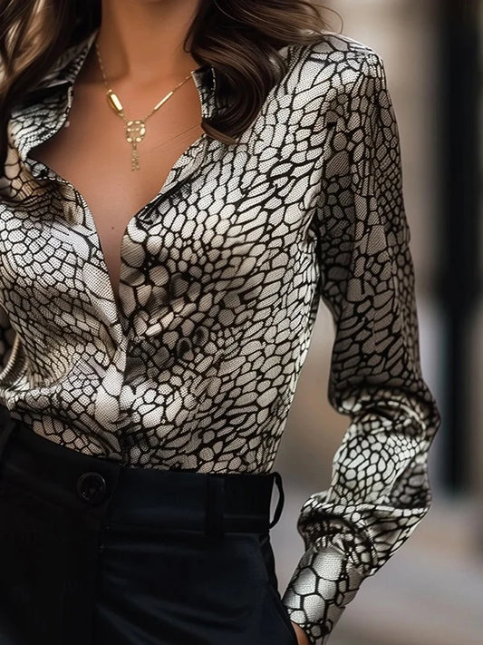 Long Sleeves Blouses  for Women Summer Fall Lapel Snakeskin Print