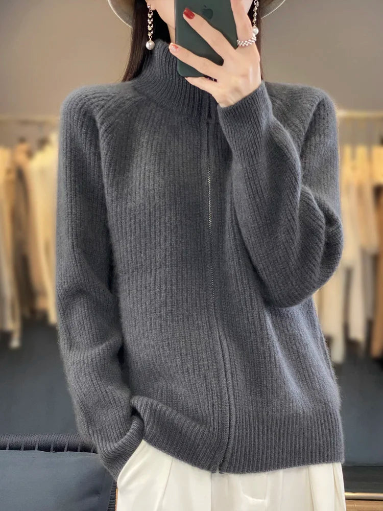 100% Merino Wool Knitting Sweater Turtleneck Zipper Cardigan Autumn/Winter cashmere jacket