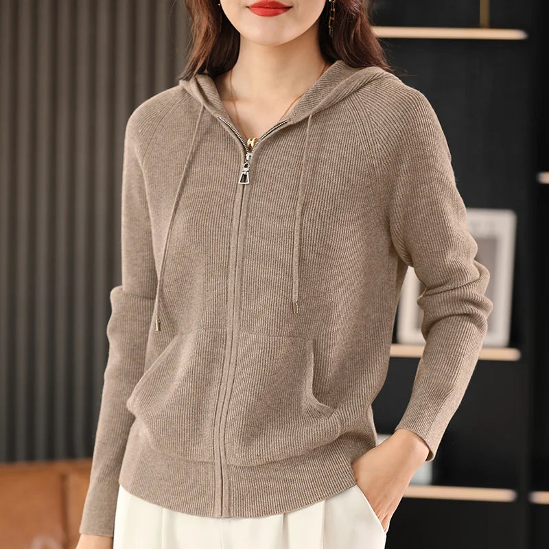 Women Autumn Winter Wool Blend Sweater Hooded Collar Cardigan