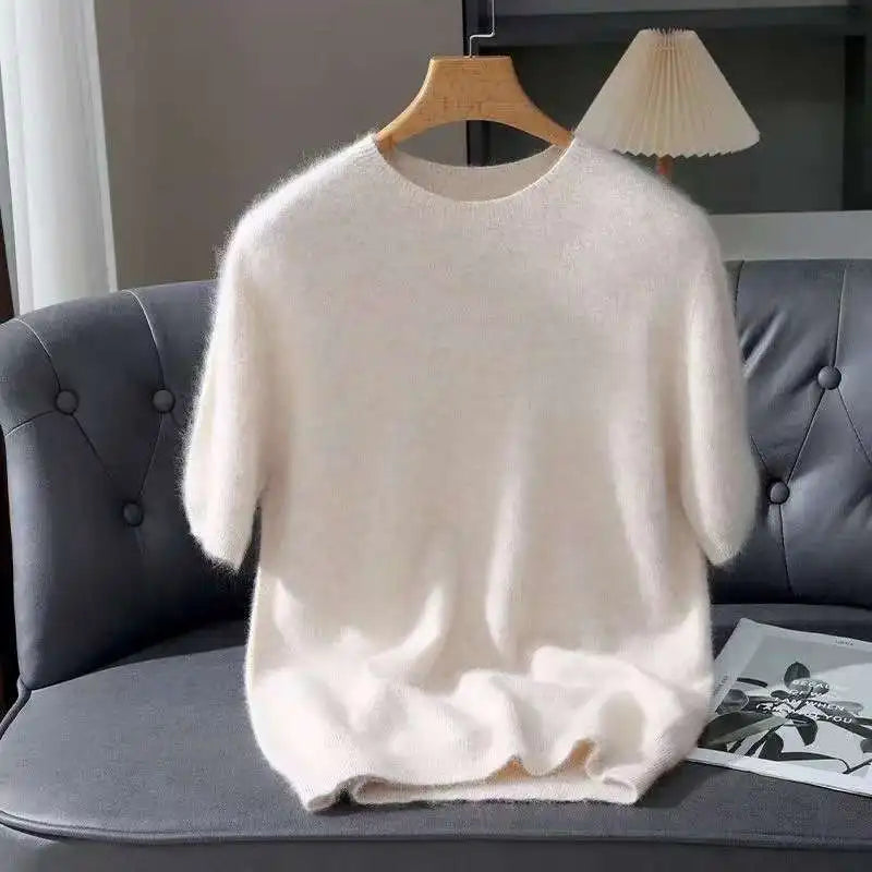 100% Mink Cashmere Knit Sweater Men's Pullover Short Sleeve