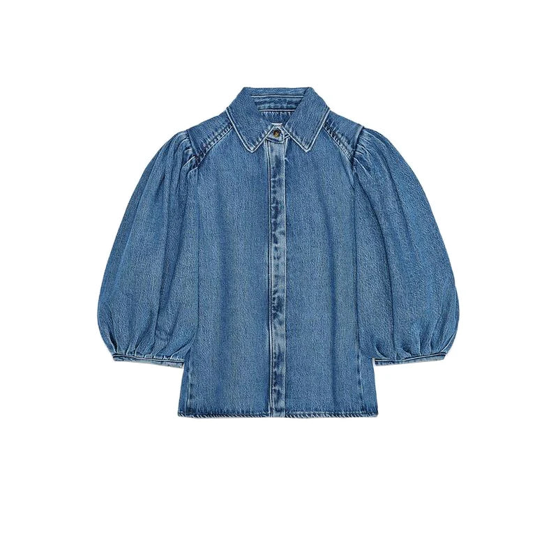 Denim puffy summer collar High Waist Wide Leg  trouser Two Piece Set
