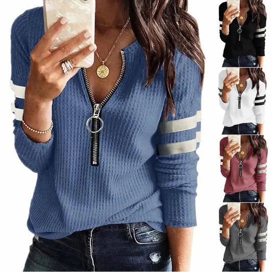 Women's Striped Zipper V-Neck Long Sleeve T-Shirt - Fashion Spliced Top