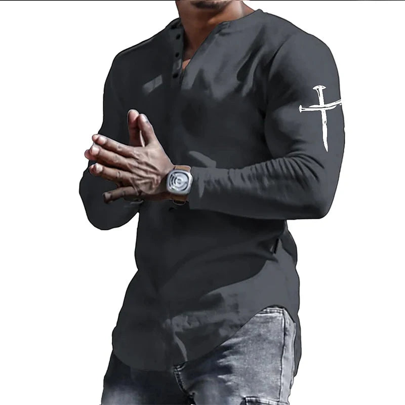 Men's Vintage Henley Shirt - Jesus Christ Cross 3D Print Streetwear