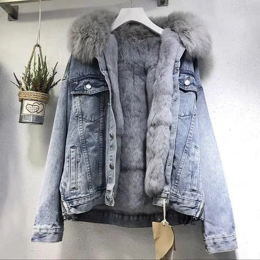 Women's Winter Denim Jacket with Fur Collar - Fleece Lined Overcoat