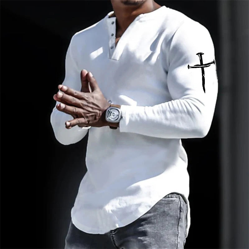 Men's Vintage Henley Shirt - Jesus Christ Cross 3D Print Streetwear