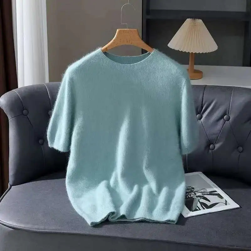 100% Mink Cashmere Knit Sweater Men's Pullover Short Sleeve