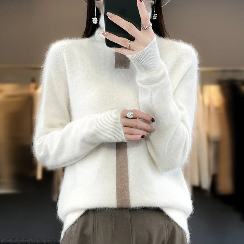 RONGYI 100% Mink Cashmere Women's Turtleneck Pullover
