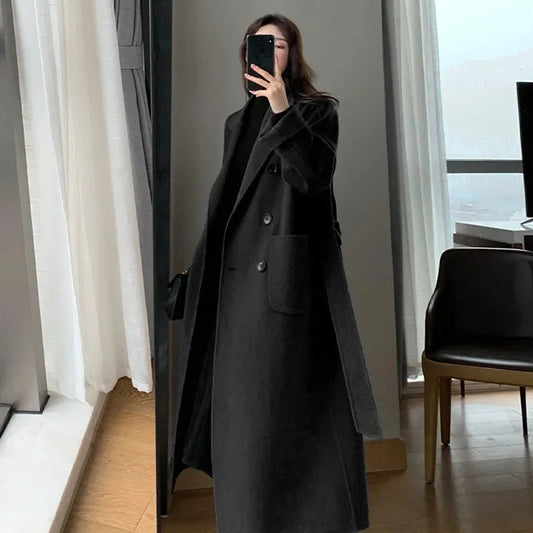 Women's Korean Harajuku Thickened Woolen Winter Coat - Black Street Fashion