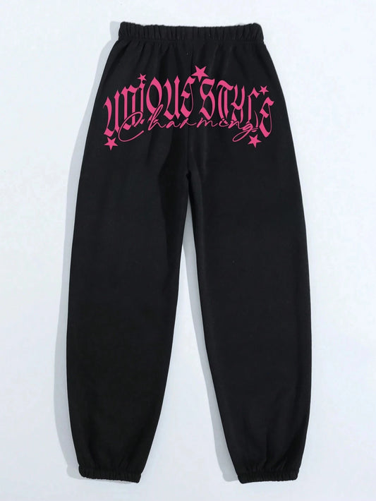 Pink Letter Printing Women'S Autumn Casual Basic Loose Streetwear Comfy Pant