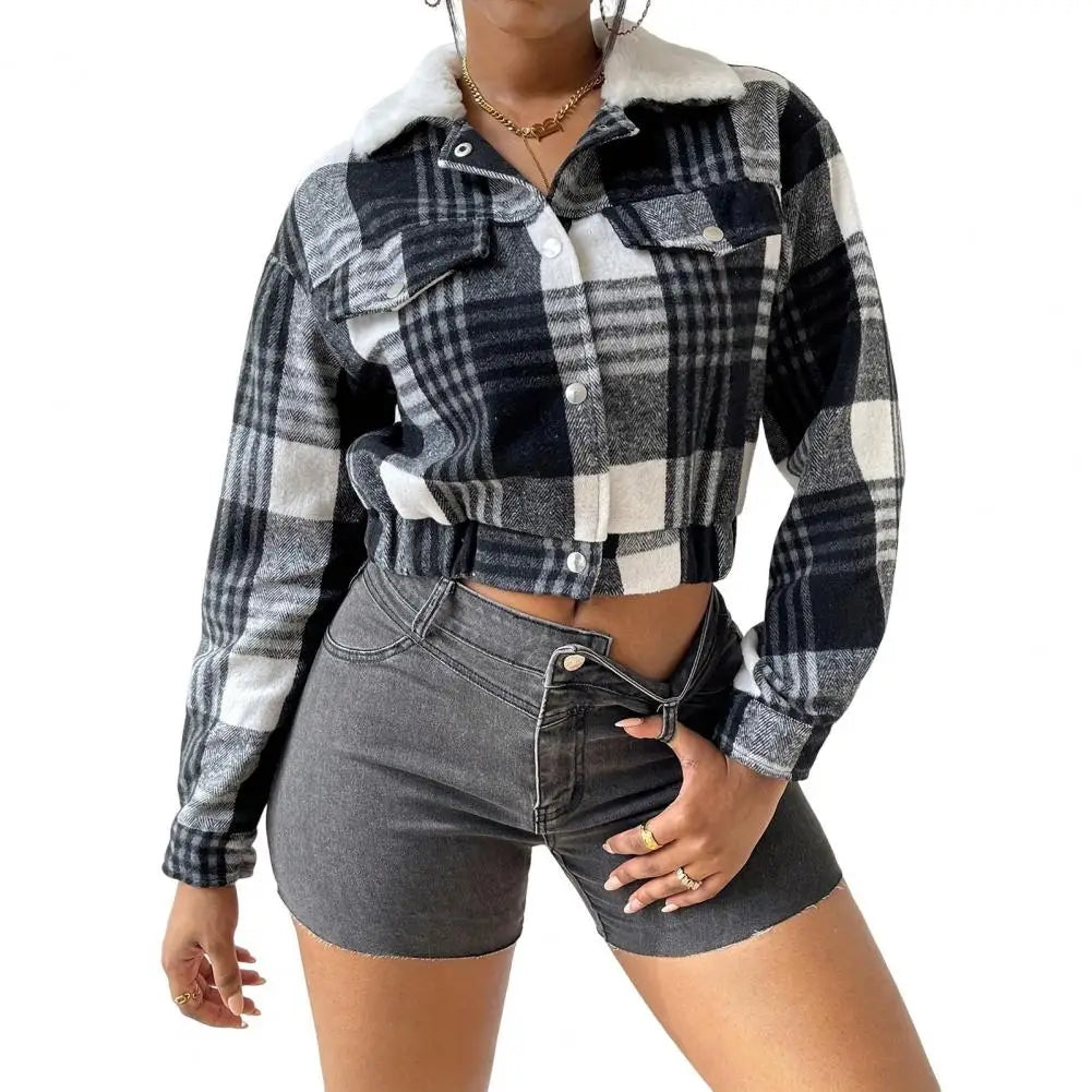 Women's Short Plaid Coat - Single-Breasted Fall Winter Jacket