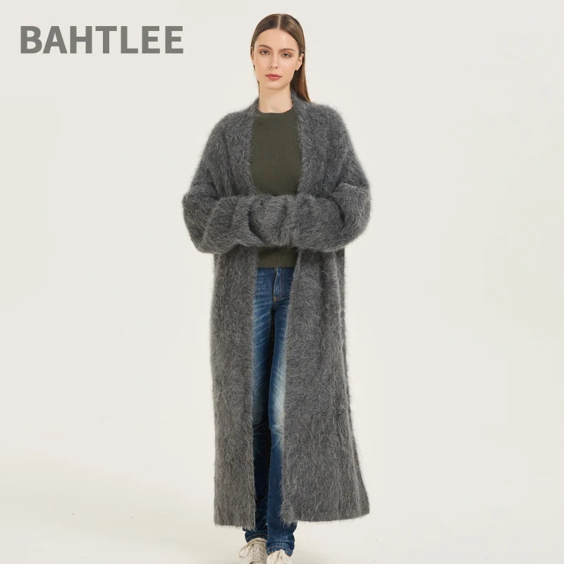 BAHTLEE Women's Super Long Alpaca Wool Cardigan - V-Neck Knitted Winter Jacket