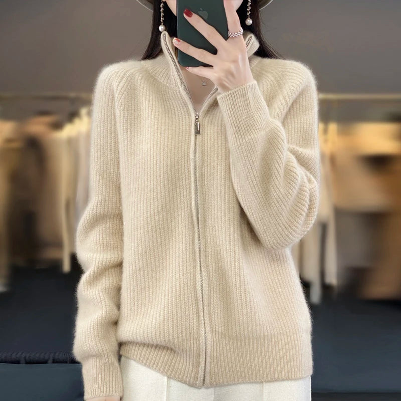 100% Merino Wool Knitting Sweater Turtleneck Zipper Cardigan Autumn/Winter cashmere jacket