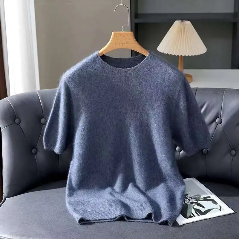 100% Mink Cashmere Knit Sweater Men's Pullover Short Sleeve