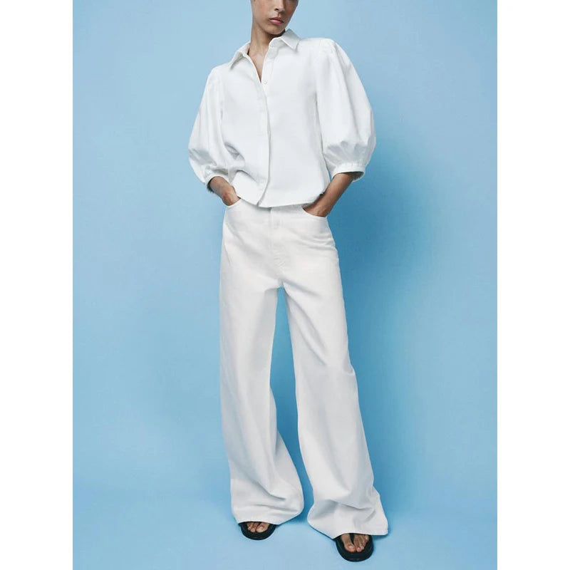 Denim puffy summer collar High Waist Wide Leg  trouser Two Piece Set