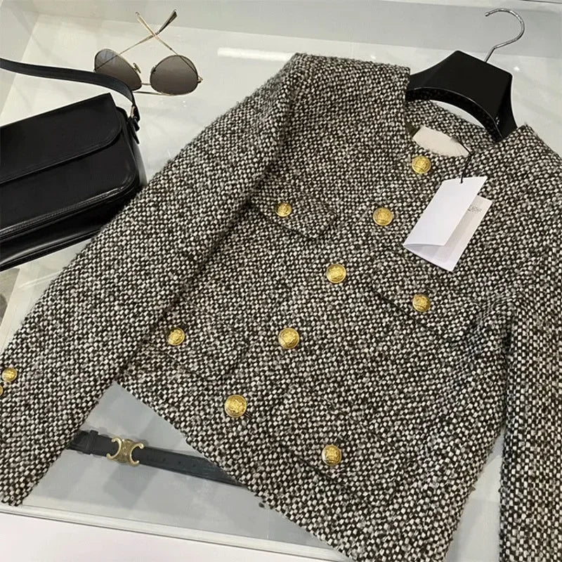Women's Korean Style Single-Breasted Tweed Coat - 2024 Chic Retro Jacket