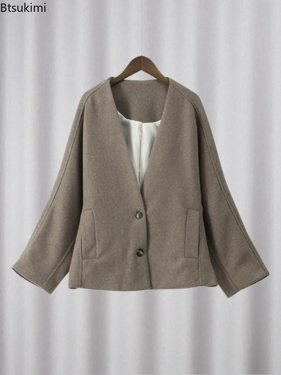 Women's Woolen V-Neck Coat - Button-Up Autumn Streetwear Jacket