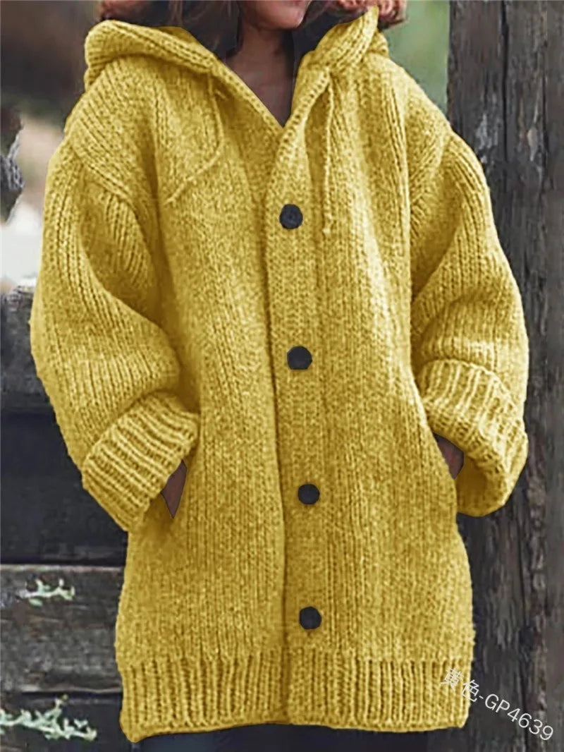 Women's Hooded Cardigan - Loose Mid-Length Sweater with Pockets