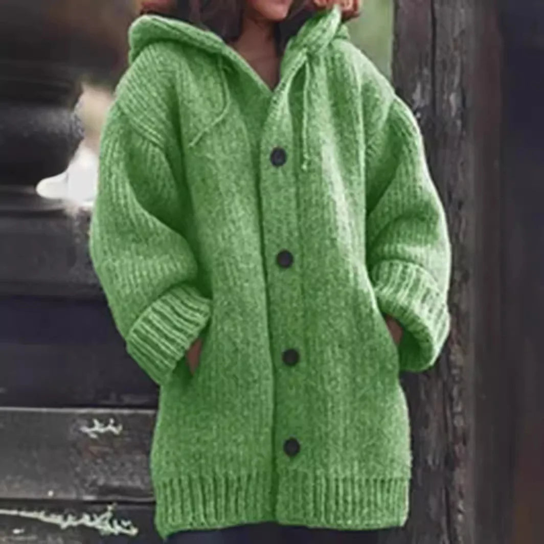 Women's Hooded Cardigan - Loose Mid-Length Sweater with Pockets