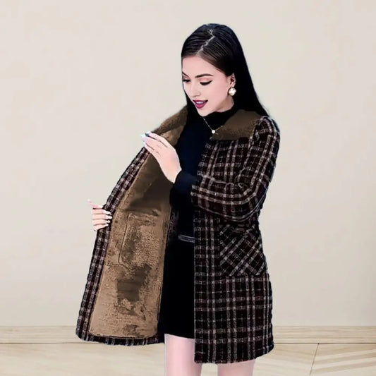 Women's Checkered Plaid Winter Coat - Mid-Length Overcoat