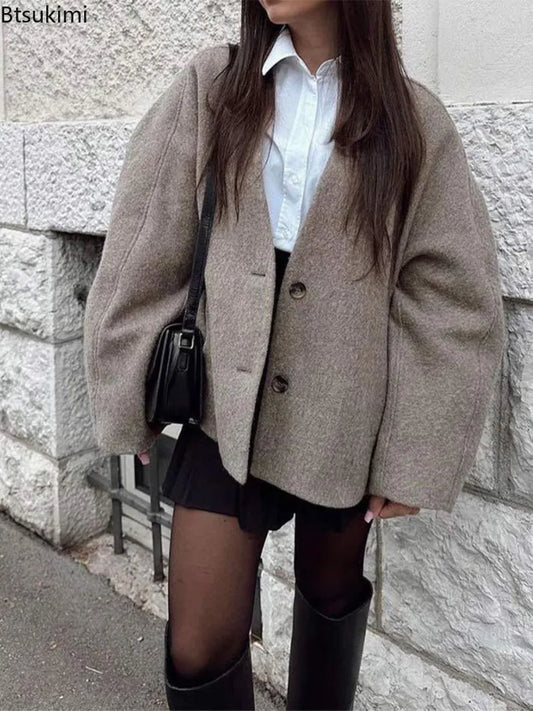 Women's Woolen V-Neck Coat - Button-Up Autumn Streetwear Jacket