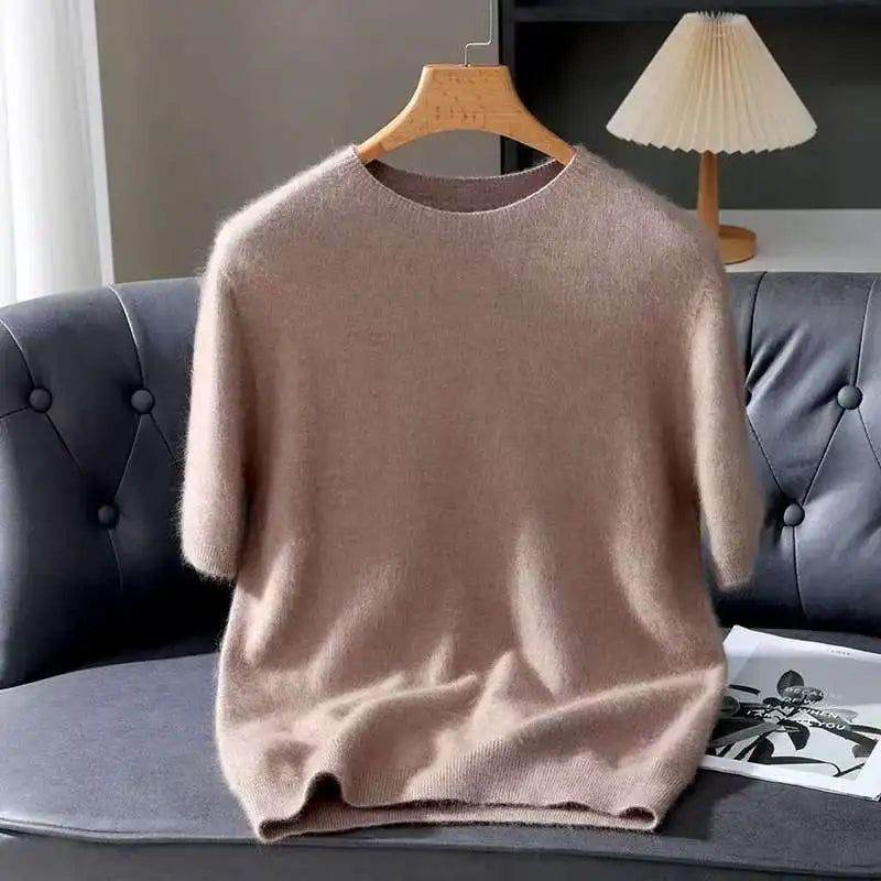 100% Mink Cashmere Knit Sweater Men's Pullover Short Sleeve