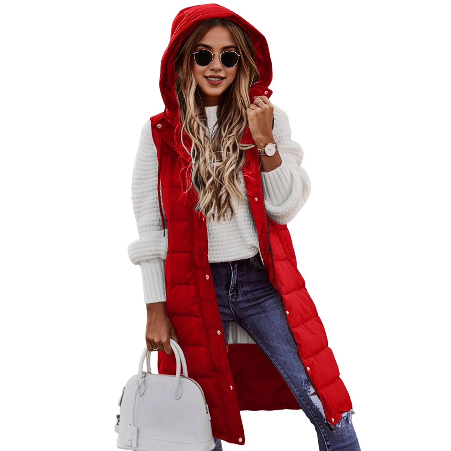 Women's Long Hooded Sleeveless Cotton Down Vest - Quilted Winter Waistcoat