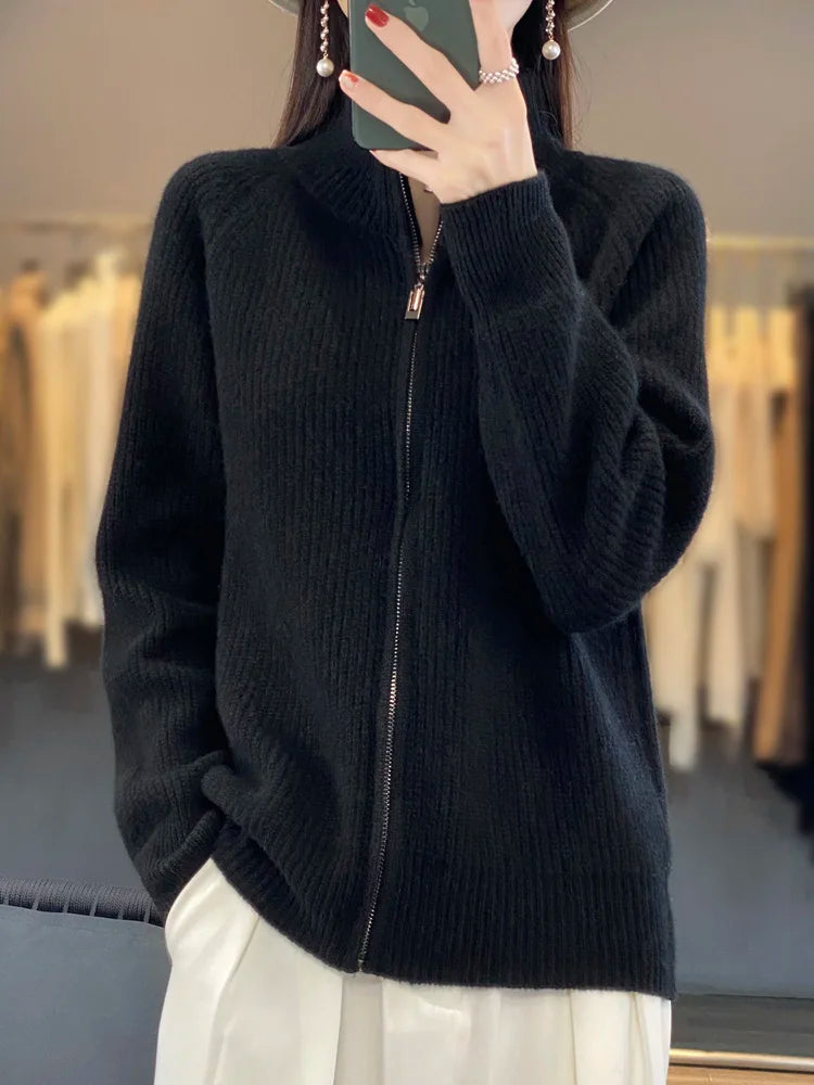 100% Merino Wool Knitting Sweater Turtleneck Zipper Cardigan Autumn/Winter cashmere jacket