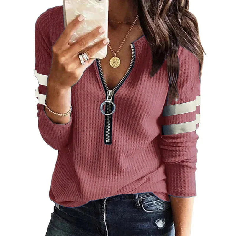 Women's Striped Zipper V-Neck Long Sleeve T-Shirt - Fashion Spliced Top