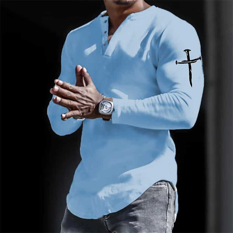 Men's Vintage Henley Shirt - Jesus Christ Cross 3D Print Streetwear