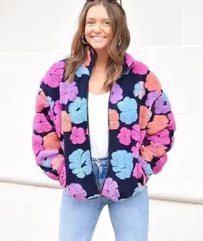 Women's Retro 3D Flowers Cardigan - Loose Zipper Streetwear Jacket