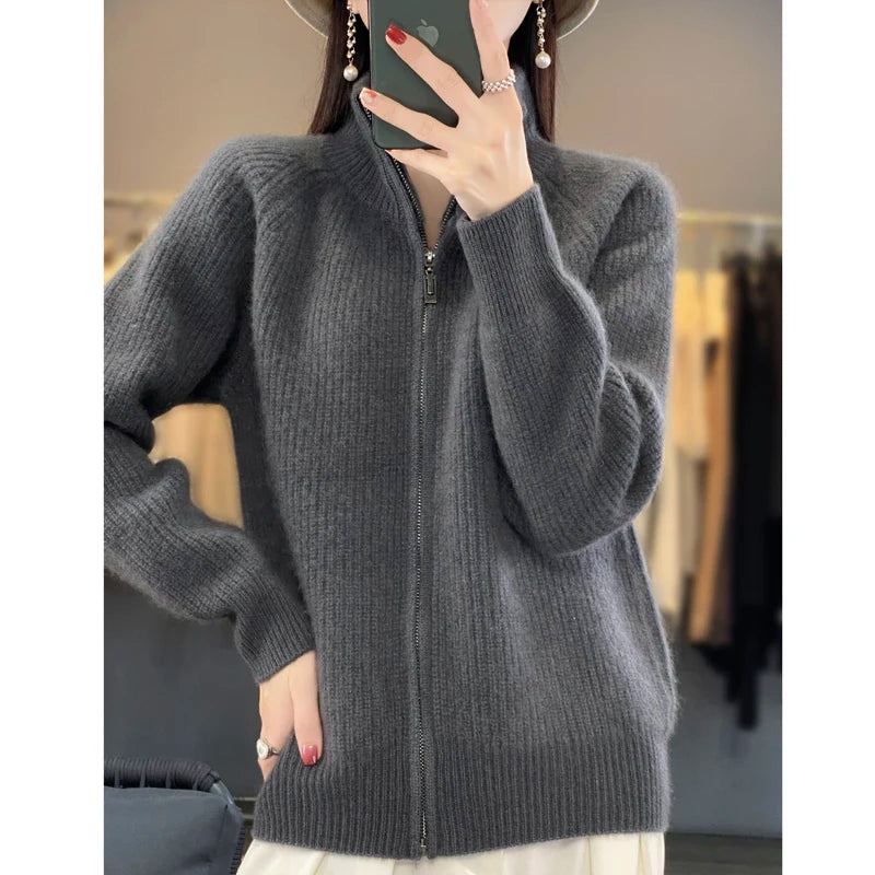 100% Merino Wool Knitting Sweater Turtleneck Zipper Cardigan Autumn/Winter cashmere jacket