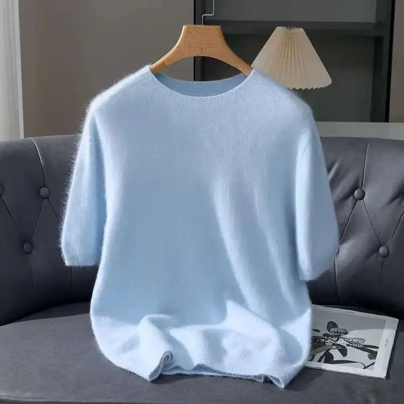 100% Mink Cashmere Knit Sweater Men's Pullover Short Sleeve
