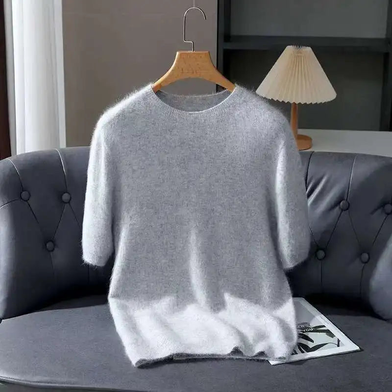 100% Mink Cashmere Knit Sweater Men's Pullover Short Sleeve